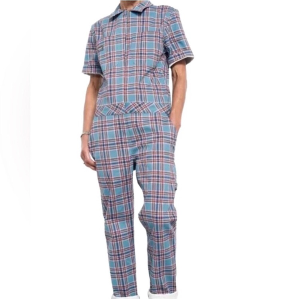 Wildfang Blue Plaid Short-Sleeve Jumpsuit